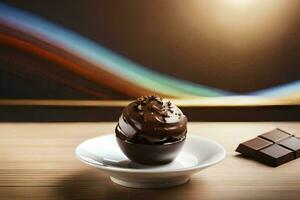 une Chocolat la glace crème Balle sur une assiette avec Chocolat pièces. généré par ai photo