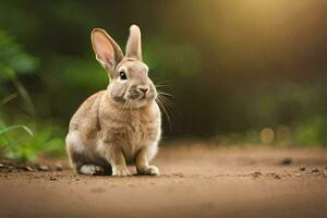 une lapin séance sur le sol dans le milieu de une champ. généré par ai photo