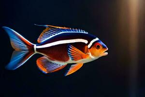 une poisson avec une noir Contexte et Orange et blanc rayures. généré par ai photo