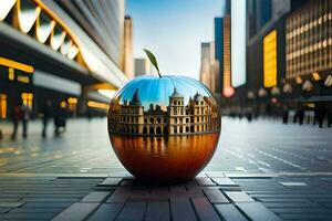 un Pomme avec une ville bâtiment dans le milieu de il. généré par ai photo