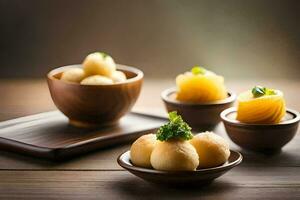 une bol de Dumplings avec une cuillère. généré par ai photo