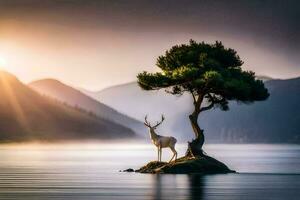 une cerf des stands sur un île dans le milieu de une lac. généré par ai photo