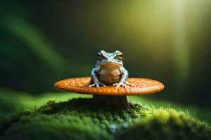 une grenouille est assis sur Haut de une champignon dans le forêt. généré par ai photo