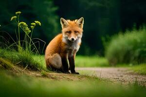 une Renard est assis sur le sol dans une champ. généré par ai photo