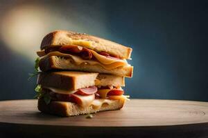 une sandwich avec fromage et jambon sur une en bois tableau. généré par ai photo