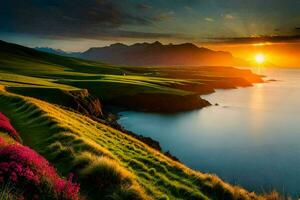 le Soleil monte plus de le mer et montagnes dans Islande. généré par ai photo