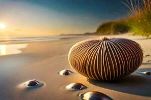 photo fond d'écran mer, le plage, sable, coquilles, le soleil, le mer, le plage. généré par ai