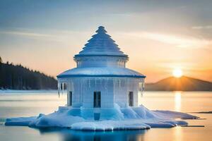 une petit la glace maison est assis sur le l'eau dans le milieu de une lac. généré par ai photo