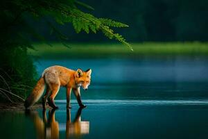 une Renard est permanent dans le l'eau près une arbre. généré par ai photo