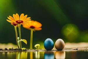 deux bleu et un vert Oeuf séance sur le sol suivant à une fleur. généré par ai photo