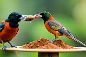 deux coloré des oiseaux en mangeant de une bol. généré par ai photo