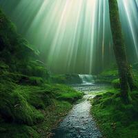 enchanteur forêt cascade ensoleillé sérénité génératif ai photo