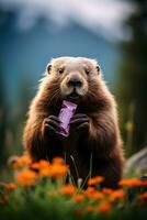 majestueux marmotte une Montagne portrait génératif ai photo