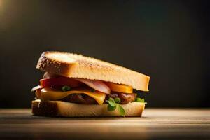 une Hamburger sandwich avec fromage et Viande sur une en bois tableau. généré par ai photo