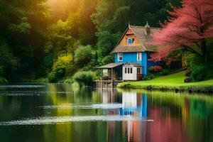 une maison est assis sur le bord de une Lac avec une magnifique le coucher du soleil. généré par ai photo