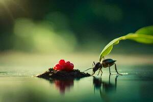 une petit fourmi est permanent sur le l'eau avec une rouge baie. généré par ai photo