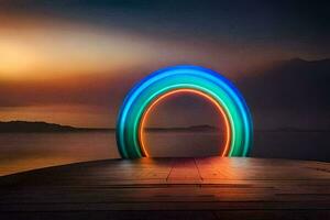 une arc en ciel lumière est brillant sur une Dock à le coucher du soleil. généré par ai photo