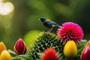 une coloré oiseau perché sur Haut de une fleur. généré par ai photo