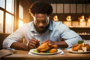une homme est en mangeant frit poulet dans une restaurant. généré par ai photo