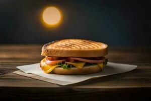 une grillé sandwich sur une en bois tableau. généré par ai photo