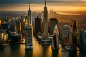 le ville horizon à le coucher du soleil dans Nouveau York. généré par ai photo