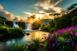 magnifique cascade avec coloré fleurs et des arbres à le coucher du soleil. généré par ai photo