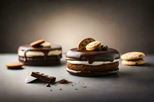 deux Chocolat Gâteaux avec biscuits et crème sur Haut. généré par ai photo