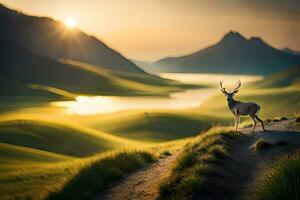 une cerf des stands sur une colline surplombant une lac. généré par ai photo