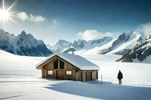 une homme permanent dans de face de une cabine dans le neige. généré par ai photo