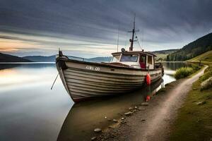 une bateau est assis sur le rive de une lac. généré par ai photo