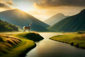 une cerf des stands sur une herbeux colline surplombant une rivière. généré par ai photo