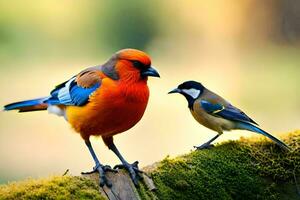 deux coloré des oiseaux permanent sur une moussu branche. généré par ai photo