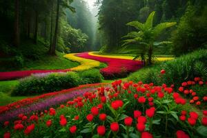 une magnifique jardin avec rouge et Jaune fleurs. généré par ai photo