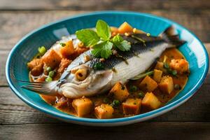 une poisson avec patates et des légumes dans une bol. généré par ai photo