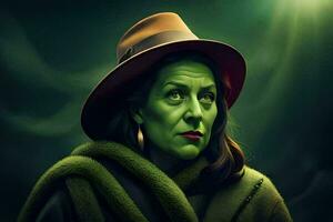 une femme avec vert maquillage et une chapeau. généré par ai photo