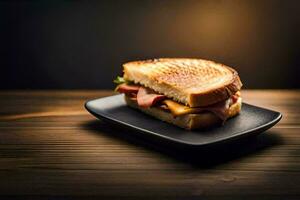 une grillé sandwich sur une noir plaque. généré par ai photo