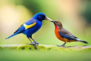 deux coloré des oiseaux permanent sur une branche. généré par ai photo