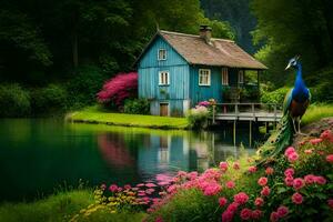 le paon est permanent sur le l'eau et le maison est dans le Contexte. généré par ai photo