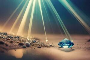 une diamant est séance sur le le sable avec des rayons de lumière brillant bas. généré par ai photo