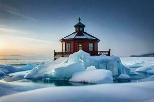 une phare est assis sur Haut de un iceberg dans le milieu de le océan. généré par ai photo