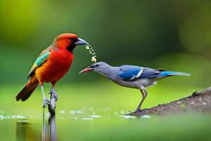 deux coloré des oiseaux permanent suivant à chaque autre. généré par ai photo