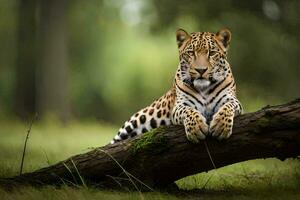 une léopard est séance sur une arbre branche dans le forêt. généré par ai photo