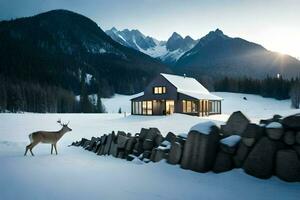 une cerf des stands dans de face de une cabine dans le neige. généré par ai photo