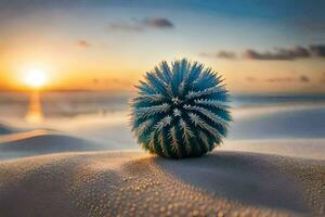 une bleu mer oursin sur le le sable à le coucher du soleil. généré par ai photo