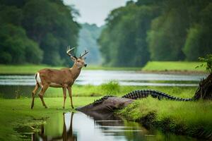 une cerf et alligator dans le l'eau. généré par ai photo