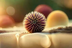 une violet épineux Balle est assis sur le sable. généré par ai photo