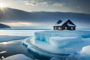 une maison est assis sur un la glace banquise dans le milieu de une lac. généré par ai photo