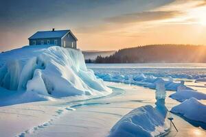 une maison est assis sur Haut de un iceberg dans le milieu de le l'eau. généré par ai photo