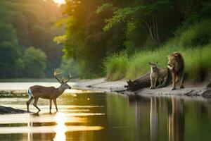 une lion, cerf et une cerf sont permanent dans le l'eau. généré par ai photo