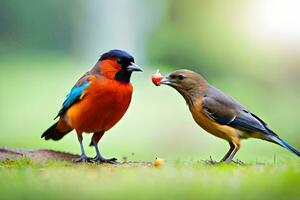 deux des oiseaux permanent sur le herbe avec une rouge et bleu oiseau. généré par ai photo